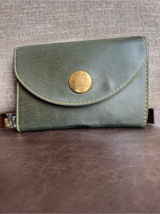 Celine Handbags - Celine Green Leather Clutch with Gold Button
